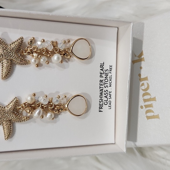 🔹 Piper k🔹Gold Starfish Freshwater Pearl Cluster Glass Stone Dangle Earrings ✨ - Picture 6 of 10